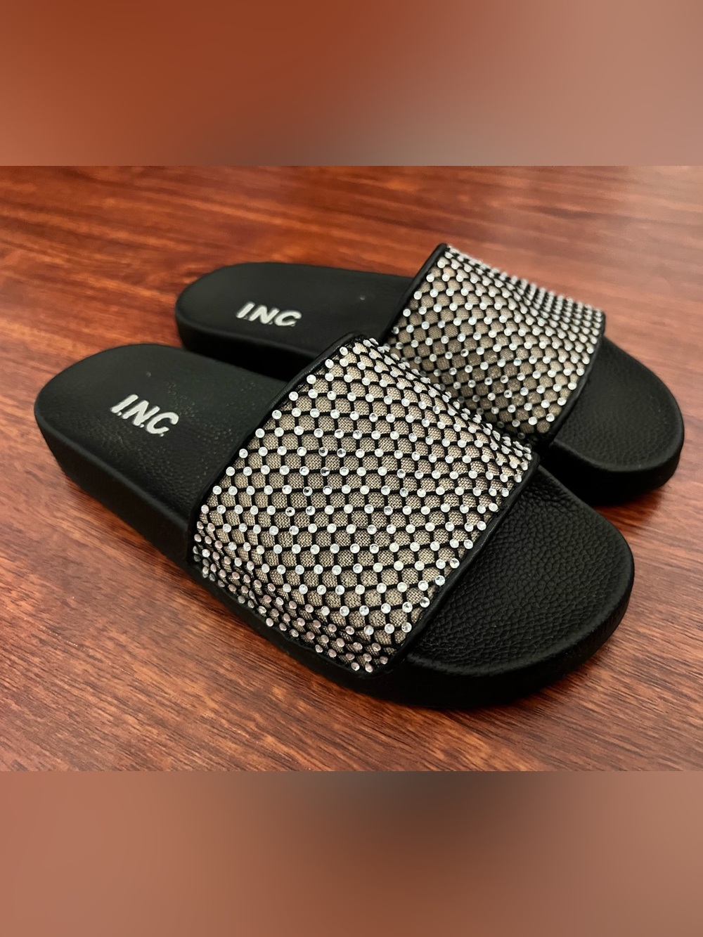 INC International Concepts Black Slide Sandals with Silver Rhinestone Mesh